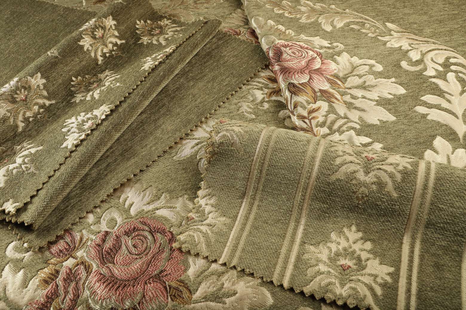 قیمت و خرید پارچه مبلی شانل ویسکوز روزالین در چهار طرح و یک ساده رنگ زیتونی_قیمت و خرید پارچه مبلی ابریشم مصنوعی