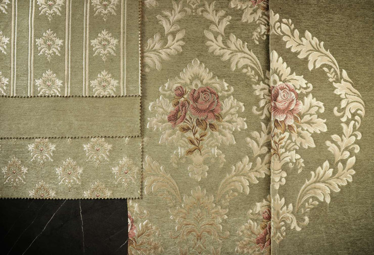 قیمت و خرید پارچه مبلی شانل ویسکوز روزالین در چهار طرح و یک ساده رنگ زیتونی_